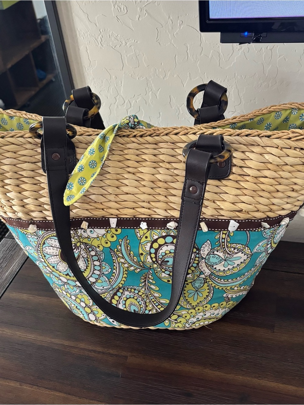 Vera Bradley Teal and Lime Paisley Woven Tote with Dark Brown Handles - Picture 1 of 4